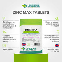 Lindens Zinc Max Tablets - 90 Pack - Provides 300% Nrv Dose, Fortified with Vitamin C & Copper to Contribute Towards Healthy Hair, Skin, Nails, Vision & Hormone Balance - UK Made, Letterbox Friendly