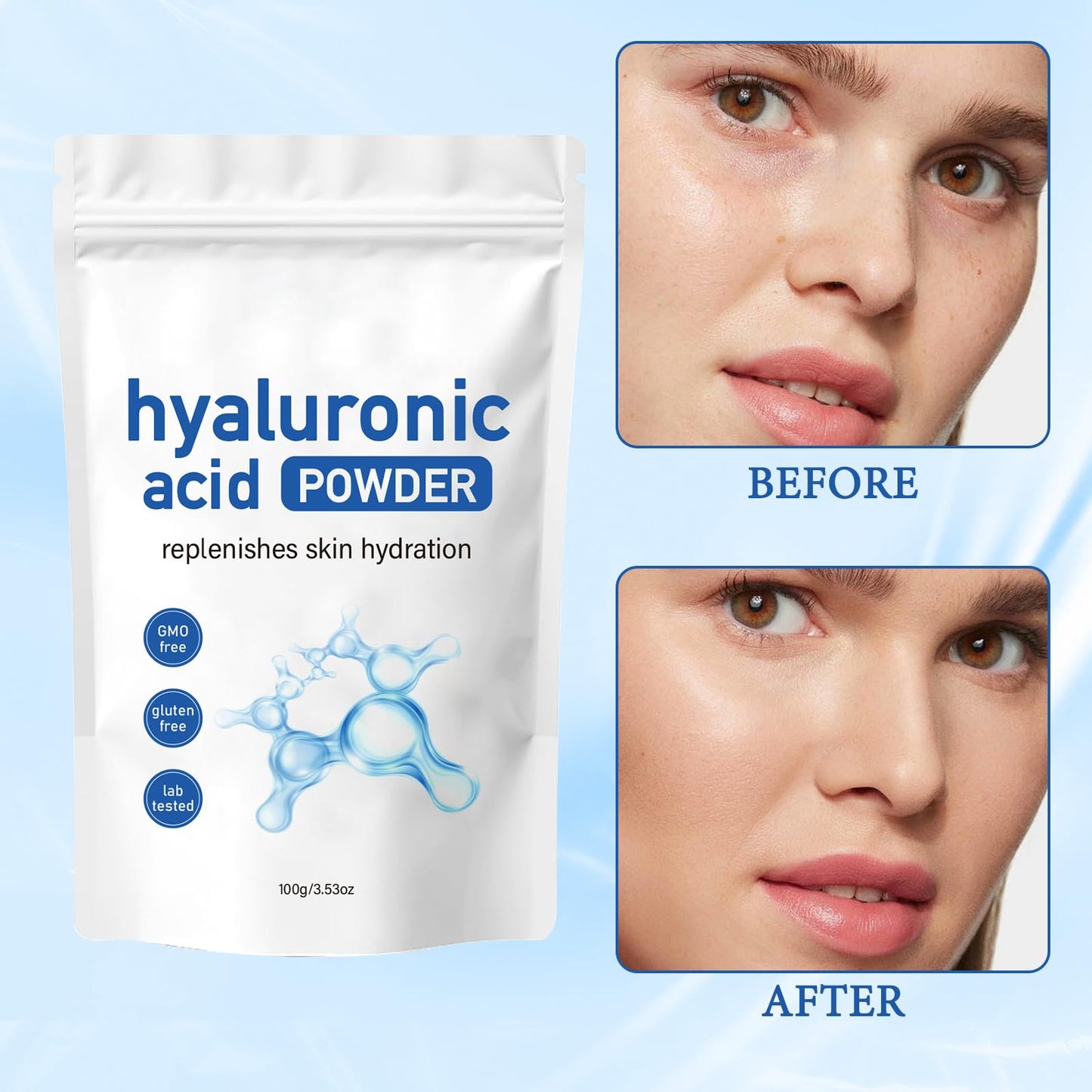 GMHLLES 2 PCS Hyaluronic Acid Powder for Face Hyaluronic Acid Powder Organic Skin Care Formula Low Molecular Weight Water-Soluble for Skin Hydration and Moisture Smooths Wrinkles