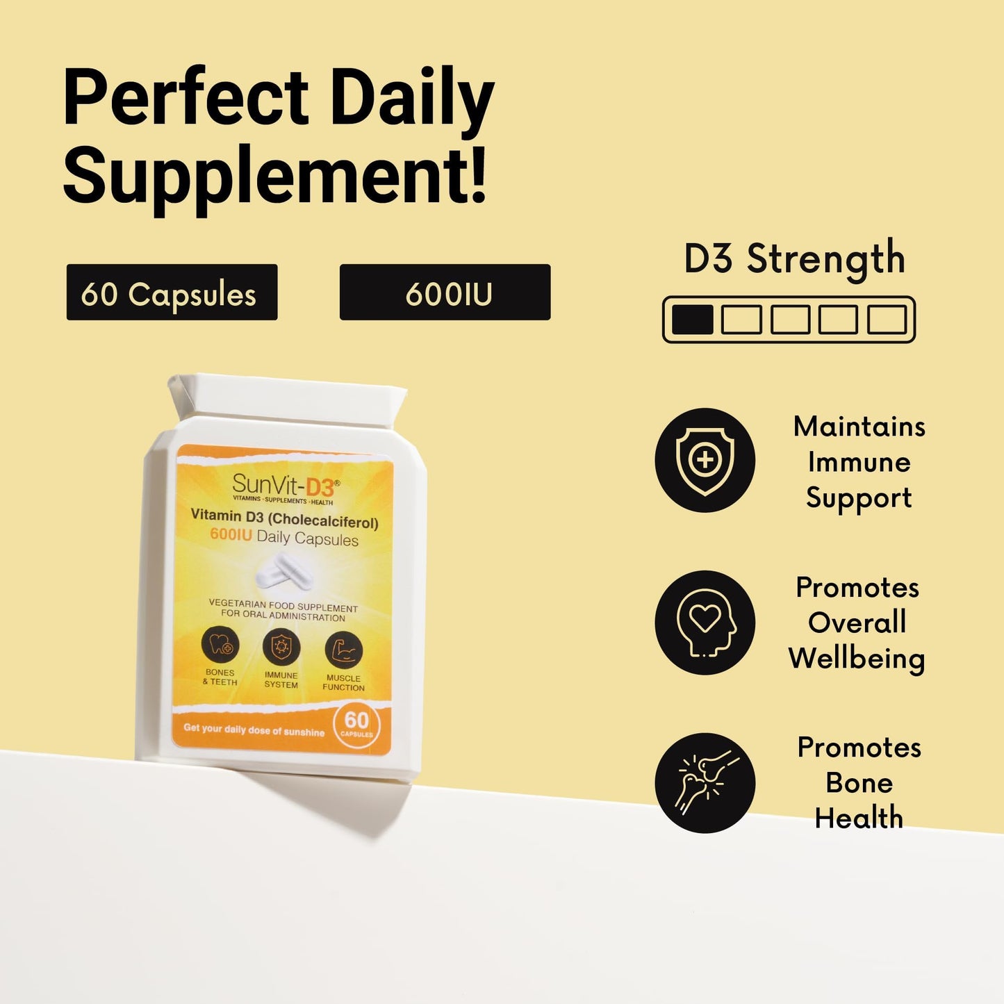 SunVit-D3 Vitamin D 600 IU - Cholecalciferol Vitamin D Capsules Support the Maintenance of Bone, Teeth, Muscle & Immune System | Made in UK & GMP Approved - D3 Vitamins 60 Convenient