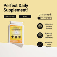 SunVit-D3 Vitamin D 600 IU - Cholecalciferol Vitamin D Capsules Support the Maintenance of Bone, Teeth, Muscle & Immune System | Made in UK & GMP Approved - D3 Vitamins 60 Convenient