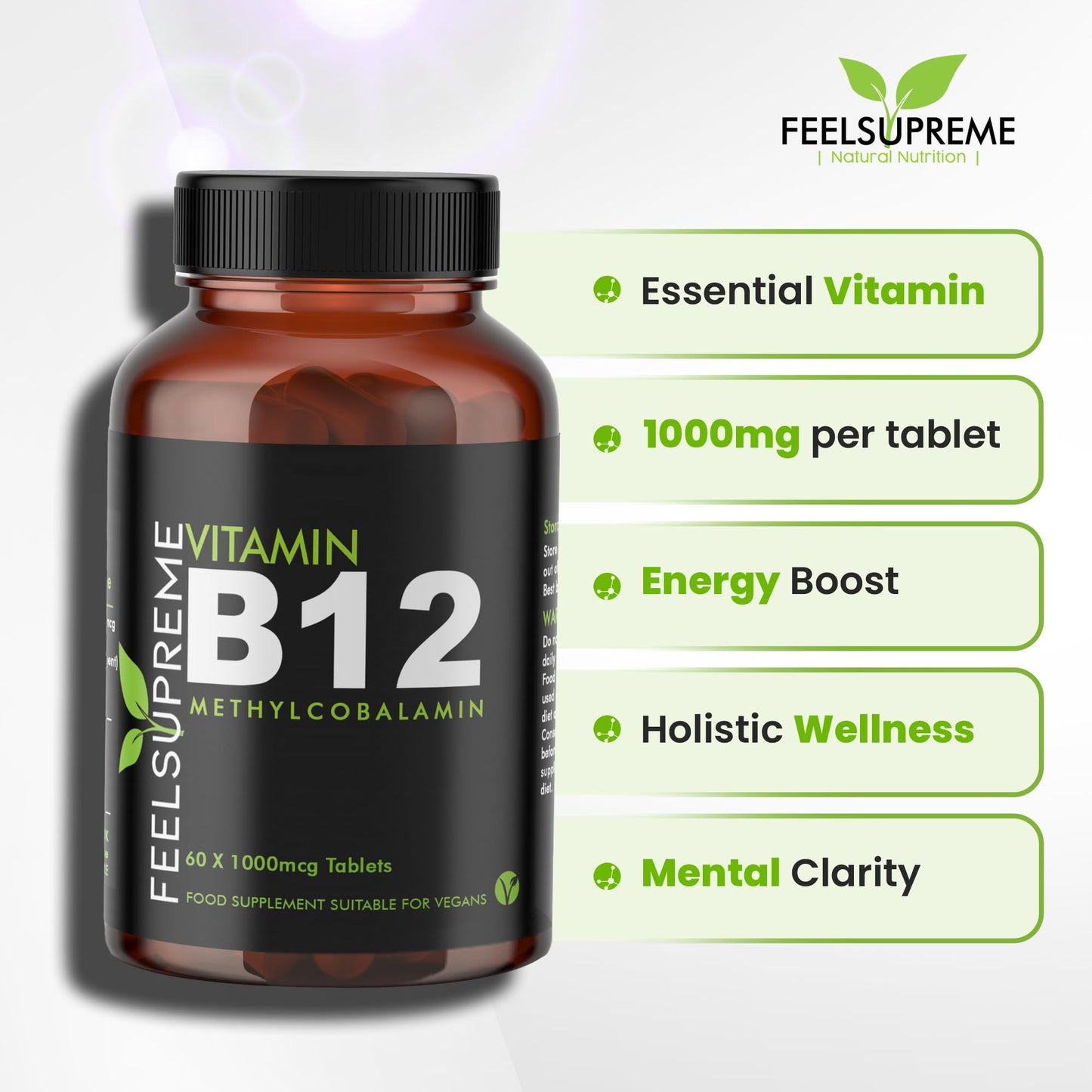 Vitamin B12 60 x 1000mcg Tablets - High Strength Supplement - Pure Methylcobalamin - Brain Function, Immune System, & Energy Support – for Men & Women - Made in The UK