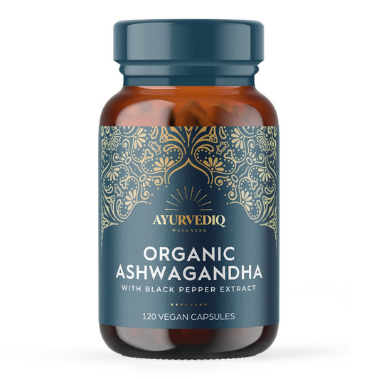 AYURVEDIQ WELLNESS Ayurvediq Wellness, 120 caps Ashwagandha Organic Capsules with Black Pepper Extract, Ayurveda Products, Herbal Supplements, Vitamins, Iron & Protein, Gluten Free, Dairy Free, Vegan