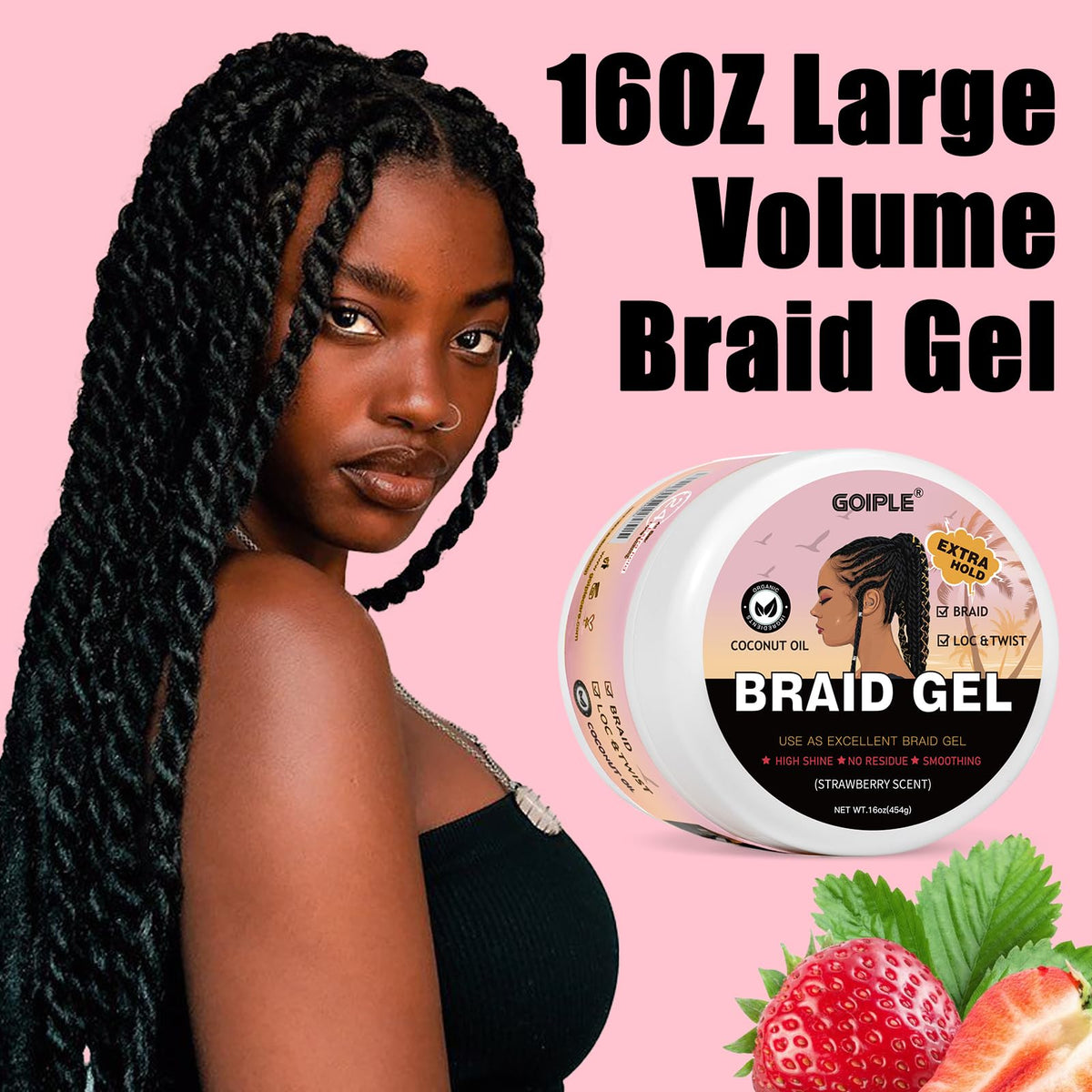 WOZUTUNT Large Capacity Family Pack Smoothing Braiding Gel for Twist, Locs, Braids, Edge Control, Cornrows - Strong Hold, No Flake, Anti-Frizz, Easy to Use Hair Gel Women (16 OZ Strawberry Flavor)