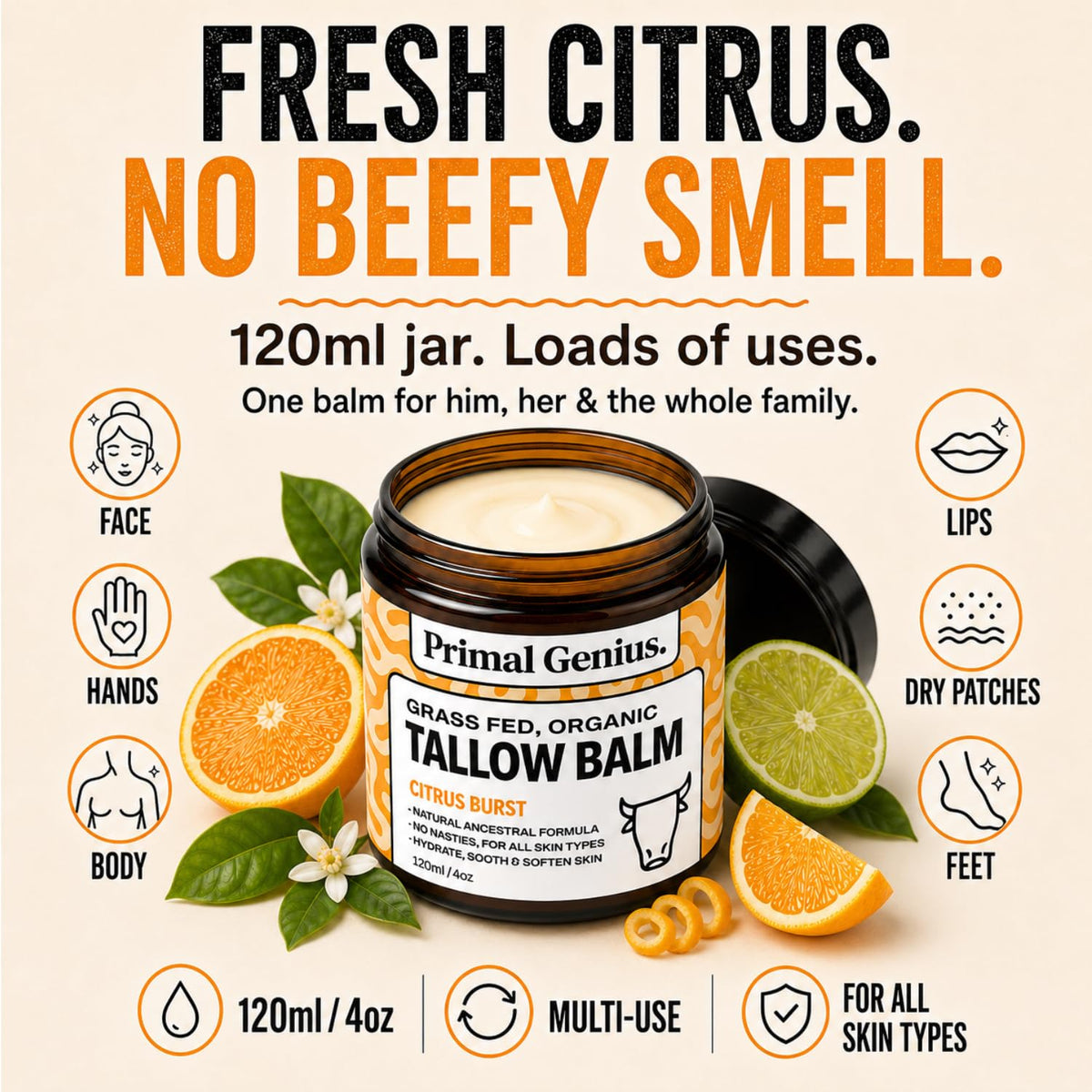 Primal Genius Tallow Balm Citrus Burst Grass Fed Organic Beef Tallow Skincare, 120ml