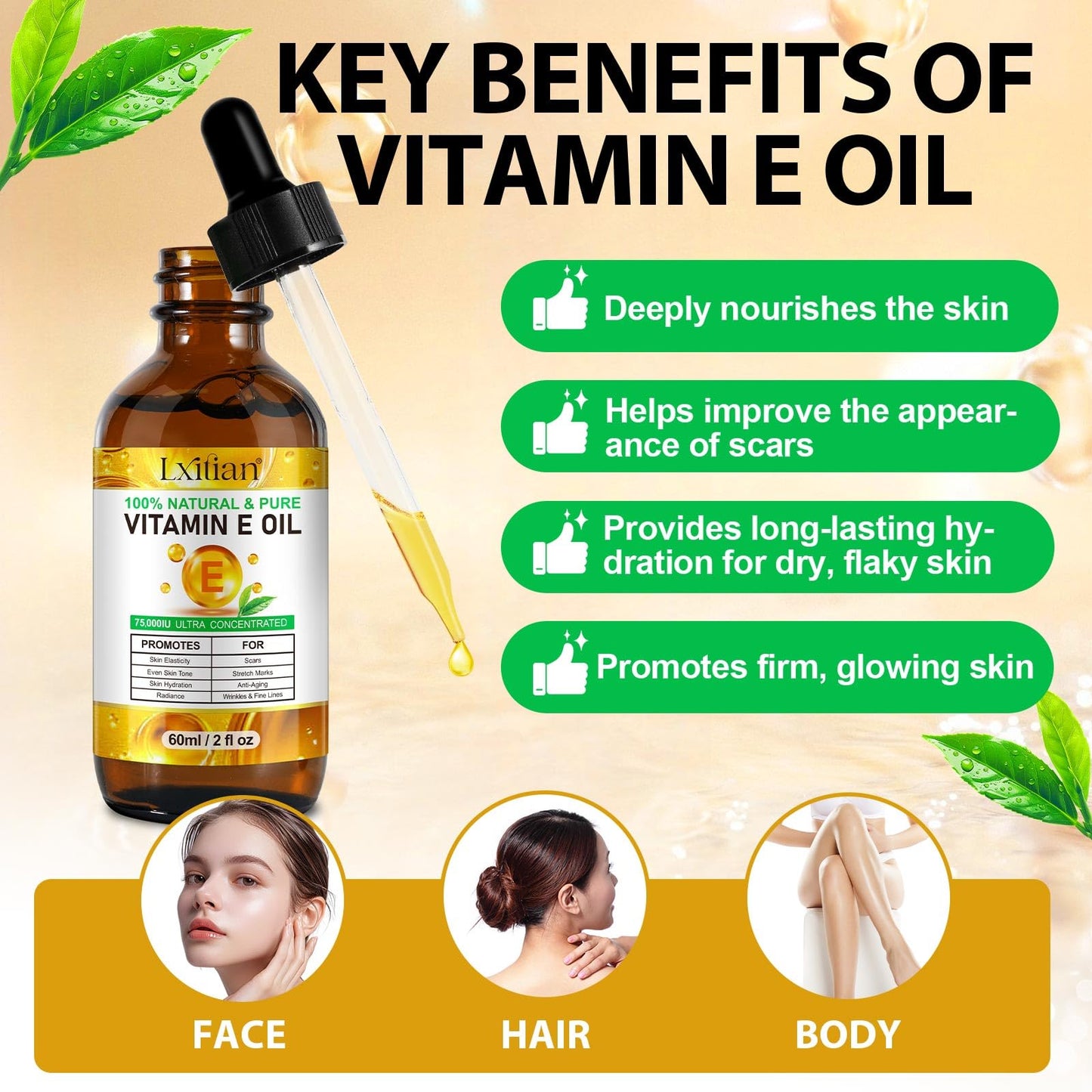herlosfeel Pure Vitamin E Oil for Skin, 100% Natural Organic Vitamin E Oil for Face & Hair, Hair Skin and Nails Vitamins for Wrinkles, Dryness,Scars & Stretch Marks, Anti-Aging, Improve Elasticity & Even Tone