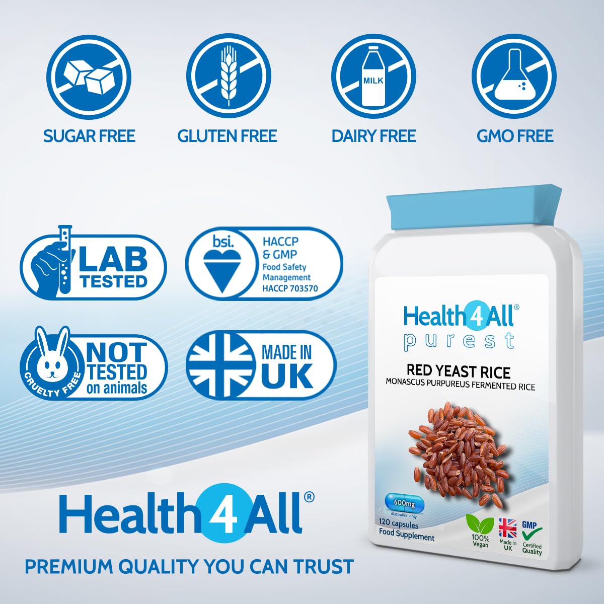 Health4All Red Yeast Rice 600mg 120 Capsules. Cholesterol Lowering Supplement. Purest - no additives. Vegan.