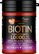 Red Label Health Biotin Hair Growth Supplement 10000mcg - 365 Vegan Tablets (1 Year Supply) - Hair Skin & Nails Vitamins for Women & Men - High Absorption D-Biotin - Hair Growth Vitamins (Not Biotin Gummies)