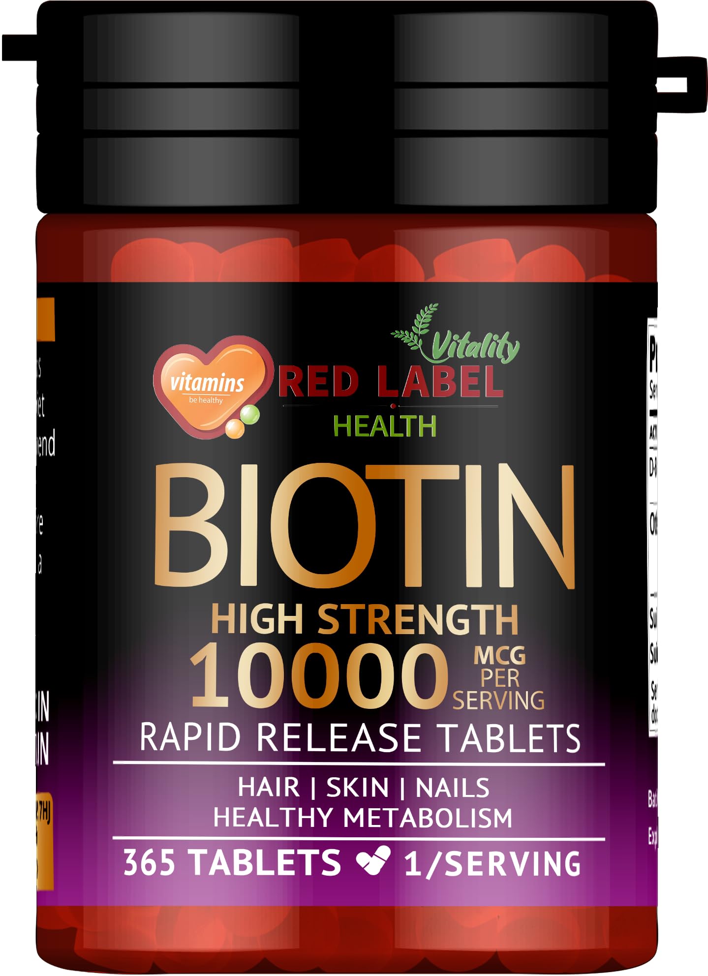 Red Label Health Biotin Hair Growth Supplement 10000mcg - 365 Vegan Tablets (1 Year Supply) - Hair Skin & Nails Vitamins for Women & Men - High Absorption D-Biotin - Hair Growth Vitamins (Not Biotin Gummies)