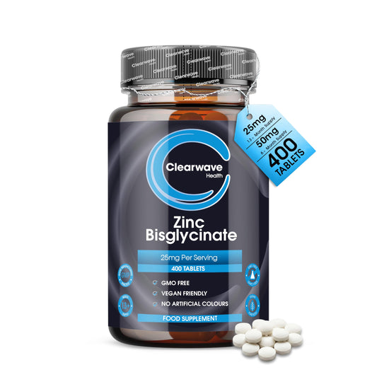 Zinc Tablets 50mg | in Bisglycinate | 400 Vegan Tablets | 6+ Months Supply | High Absorption | Zinc Supplements | for Men and Women | By Clearwave Health