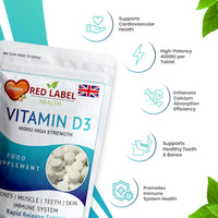 Red Label Health Vitamin D3 4000 IU, Pack of 360 Vitamin D Tablets (1 Year Supply), Healthy Teeth & Bones, Supports Immune System, High Strength Vitamin D Supplement for Men & Women, UK-Made