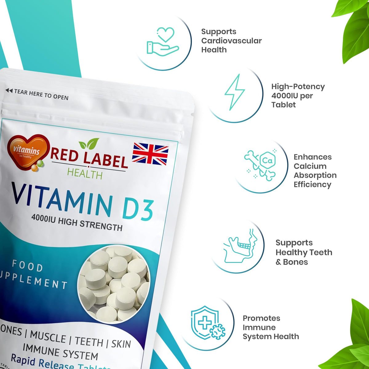 Red Label Health Vitamin D3 4000 IU, Pack of 300 Vitamin D Tablets (9+ Months Supply), Healthy Teeth & Bones, Supports Immune System, High Strength Vitamin D Supplement for Men & Women, UK-Made
