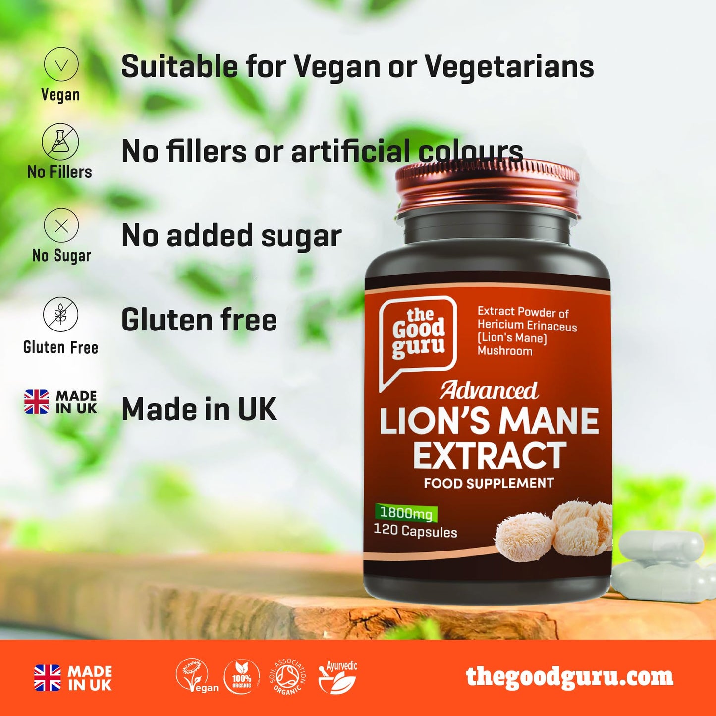 Lion's Mane Mushroom Extract - 1800mg | Immune and Memory Support |120 Vegan Capsules by Good Guru | Lions Mane Supplement