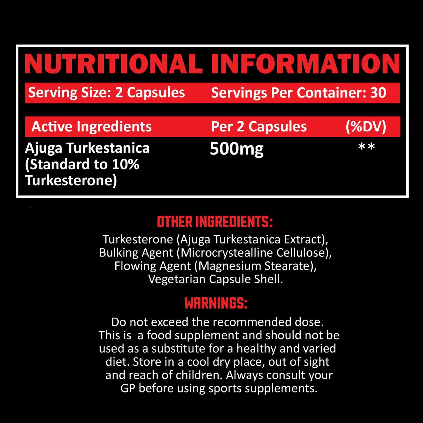 XL Nutrition Turkesterone | Enhance Muscle Growth | 500 Milligrams Ajuga Turkestanica | Vegan Friendly | 30 Servings | 60 Capsules