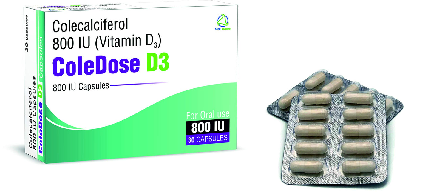 Vitamin D 800 IU –Equivalent to 20 mcg - ColeDose D3, Premium Vitamin - 30 Capsules- One a Day