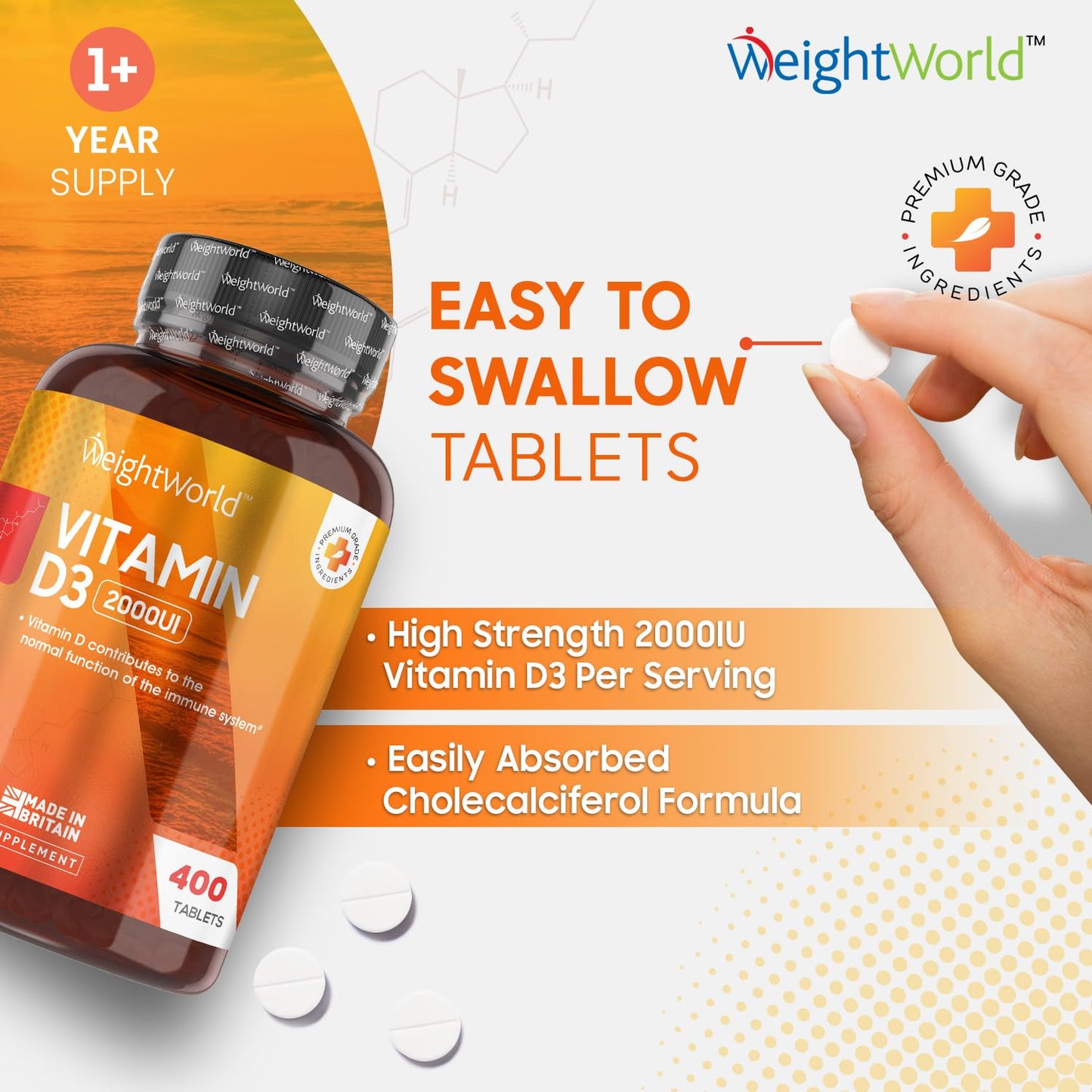 Vitamin D3 2000 IU - 400 Tablets (Over A Year Supply) Natural Vitamin D Tablets, Vitamin D Contributes to Normal Immune System & Blood Calcium Levels (EFSA), Vegetarian - Easy to Take Micro Tablets