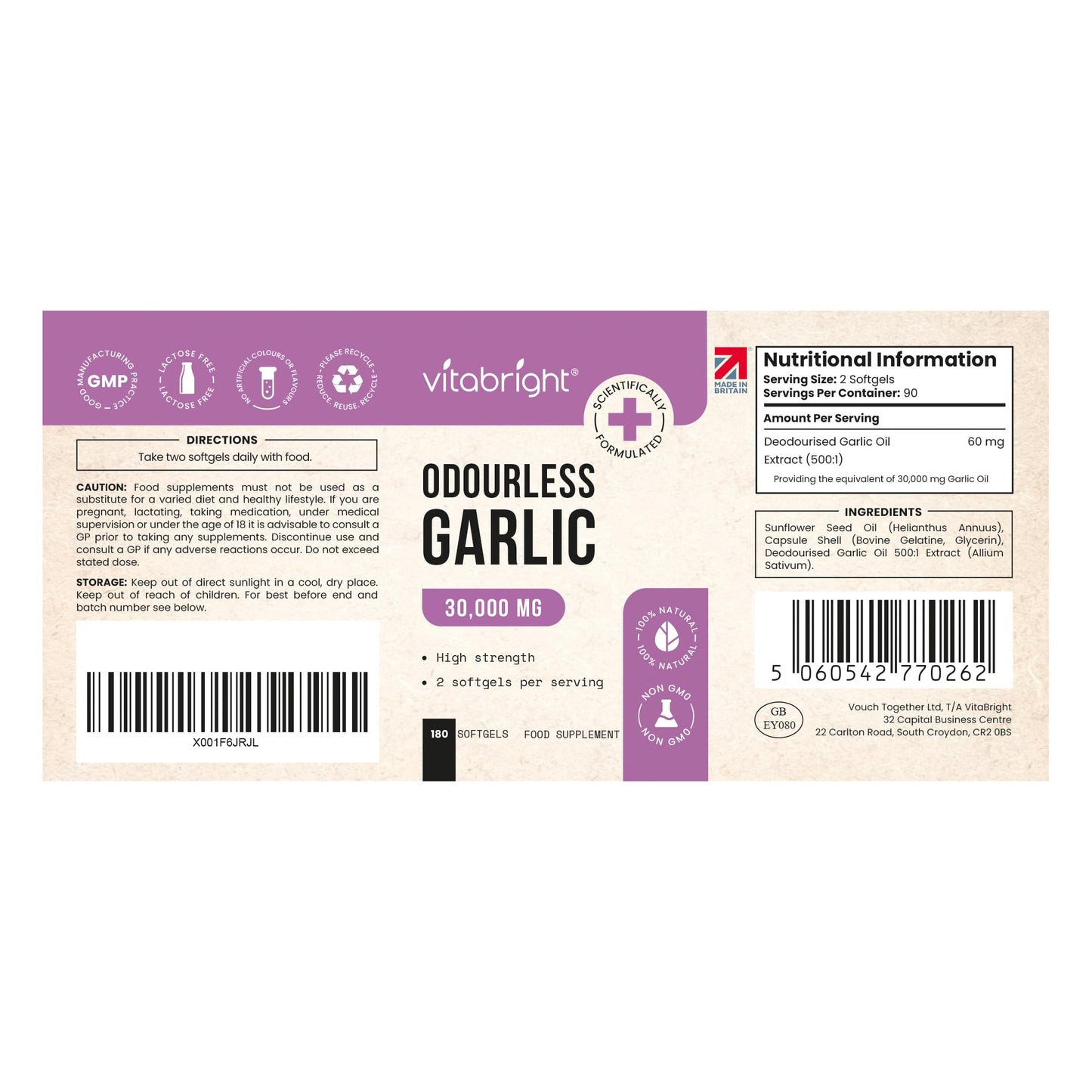 VitaBright Odourless Garlic Capsules High Strength | 30,000mg | 180 Capsules | Daily Dose - 2 Odorless Garlic Tablets for Adults | Odourless Extract Supplement | High Allicin Pearls for Women & Men