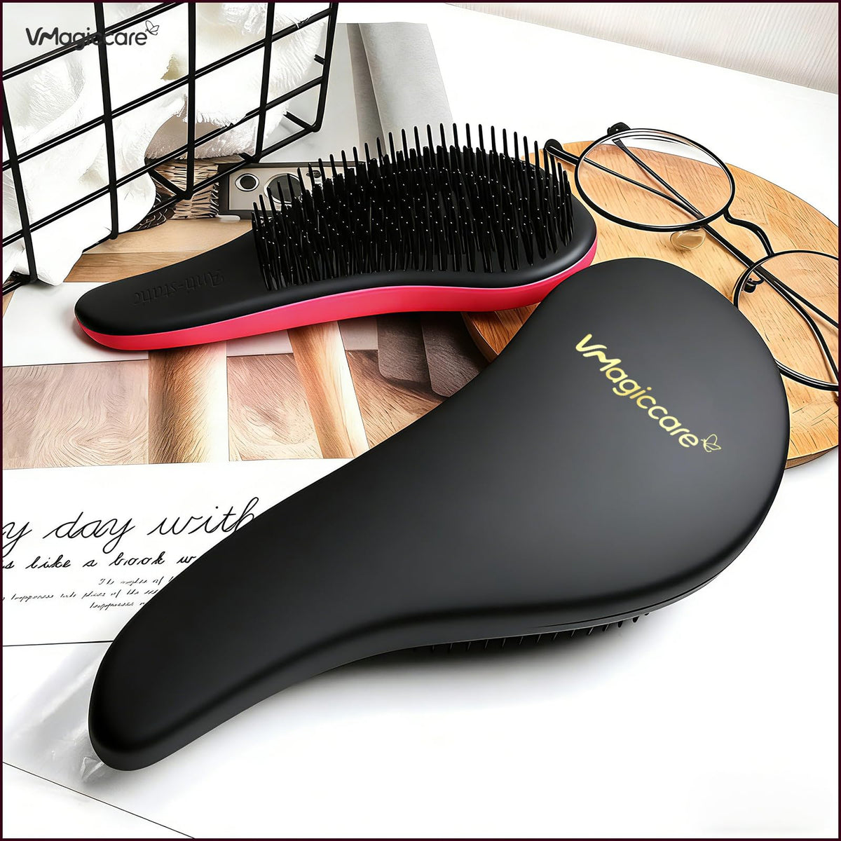 VMAGIC CARE Detangling Brush - Glide Through Tangled Hair - Best Brush for Women, Girls, Men & Boys - Wet & Dry Use (Black & Rose Red)