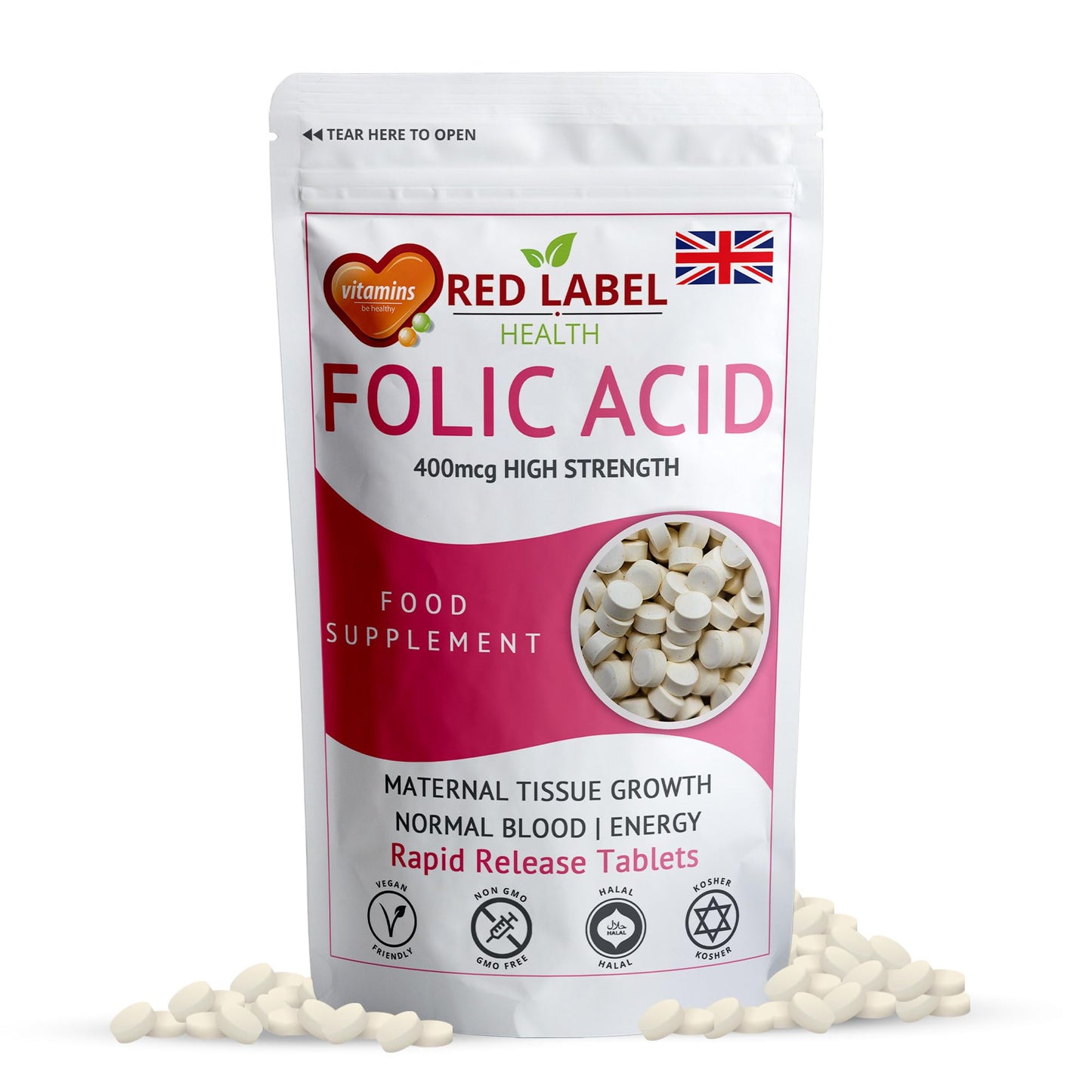 Red Label Health Folic Acid 400 mcg Tablets, 120 Vitamin B9 Tablets (4 Months Supply), Folate Fertility Supplement for Women, Vegan, Vegetarian, Supports Maternal Tissue Growth, Made in The UK
