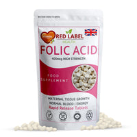 Red Label Health Folic Acid Tablets 400 mcg - 400 Vegan Vitamin B9 Tablets Pregnancy Care - Normal Function of Immune System & Maternal Tissue Growth During Pregnancy - Made in The UK