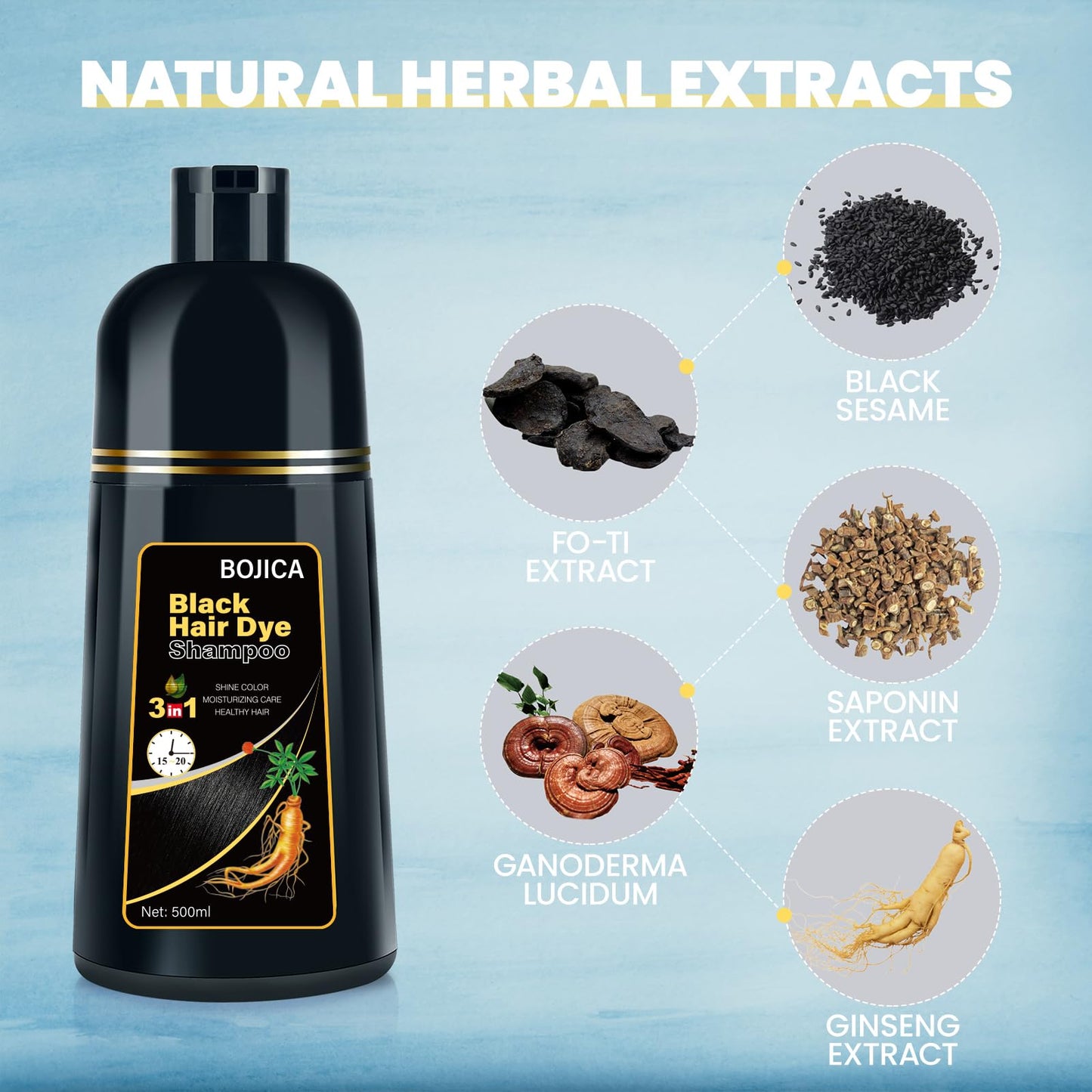 BOJICA Black Hair Dye Shampoo for Gray Hair Coverage, 3-in-1 Semi-Permanent Color Shampoo Herbal Ingredients for Women & Men 500ml