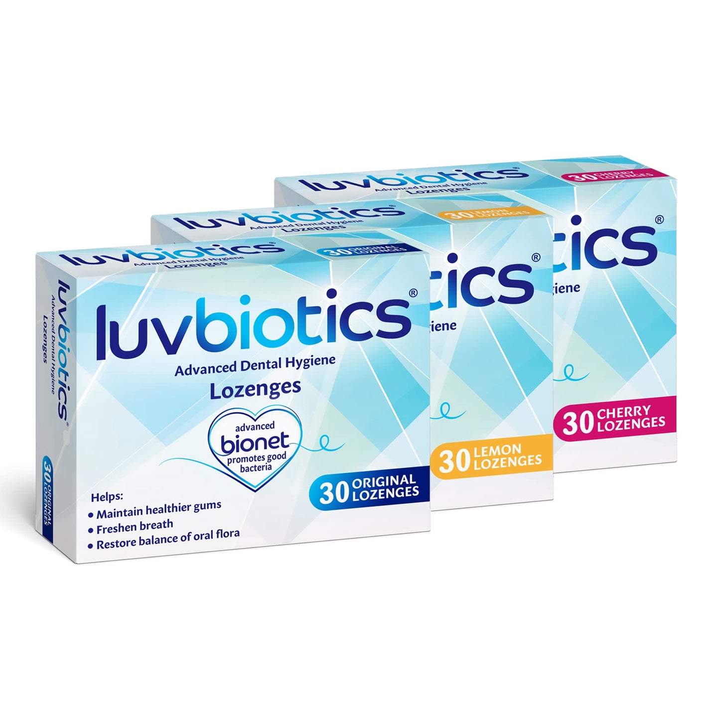 luvbiotics Original, Cherry & Lemon Flavour Lozenges (Each Flavour Pack of 30's) - Probiotics and Xylitol Promotes Good Bacteria for Fresh Breath and Healthy Teeth & Gums,Yellow