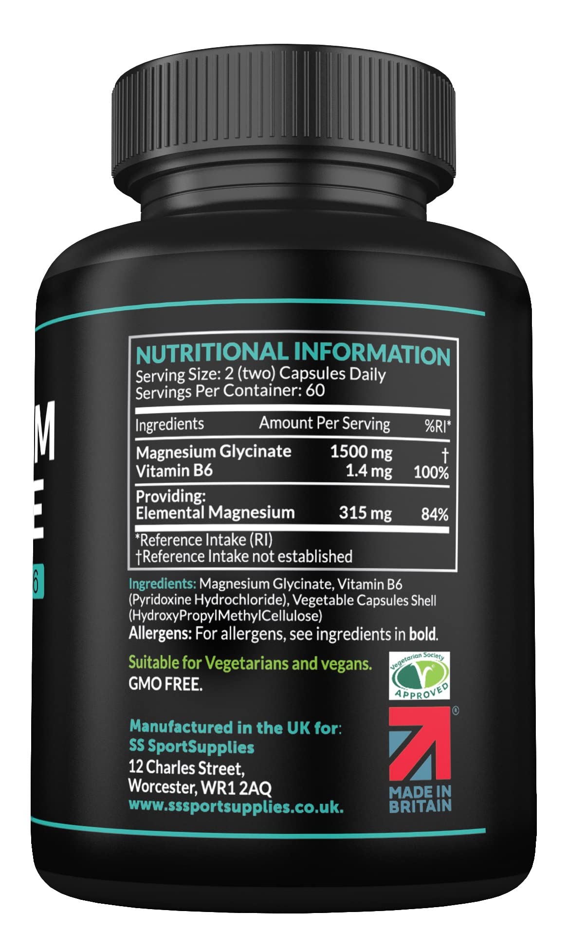 SS Sport Supplies Magnesium Glycinate Supplements 1500mg & Vitamin B6-120 High Strength Capsules - 1500mg of Magnesium Providing 315mg Elemental Magnesium (Bisglycinate) - Pure Active Ingredient
