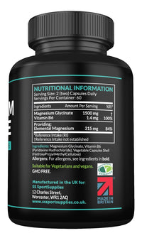 SS Sport Supplies Magnesium Glycinate Supplements 1500mg & Vitamin B6-120 High Strength Capsules - 1500mg of Magnesium Providing 315mg Elemental Magnesium (Bisglycinate) - Pure Active Ingredient
