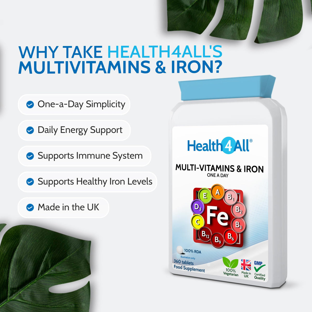 Health4All Multivitamins & Iron 360 Easy to Swallow Tablets, One a Day for Men & Women