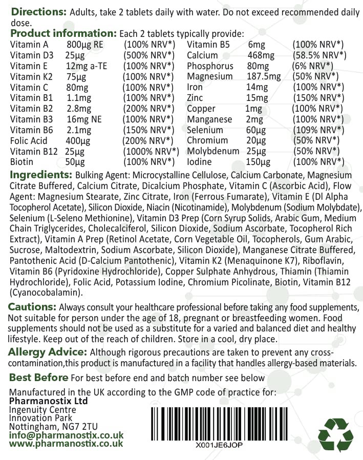 Pharmanostix Vegan Multivitamin and Mineral Supplement 60 Tablets | 24 Vitamins and Minerals | Support Immune Function and Reduce Fatigue | UK Manufactured to GMP Standard