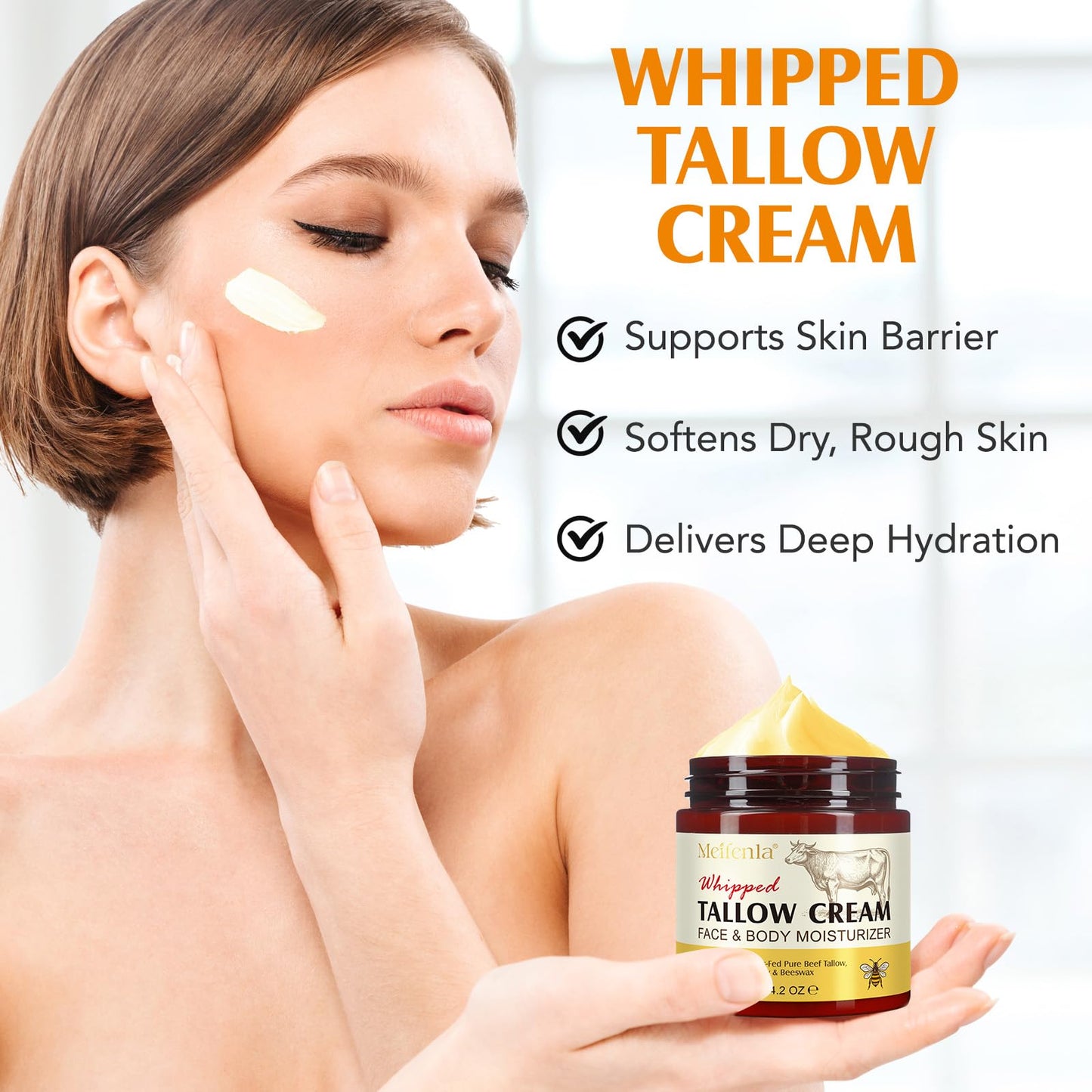 herlosfeel Whipped Beef Tallow Skin Care,120g Beef Tallow Moisturiser And Raw Honey Balm, 100% Organic Tallow Face Cream Grass Fed Butter, Beef Tallow For Skin-Deeply Nourishing For Face & Body Tallow Balm