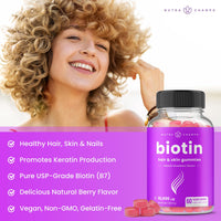 NutraChamps Biotin Gummies 10,000 mcg - Healthy Hair, Skin & Nails for Women, Men & Kids - Vegan, Non-GMO, Hair Vitamins Supplement - Natural Strawberry - 60 Gummies (2 Pack)