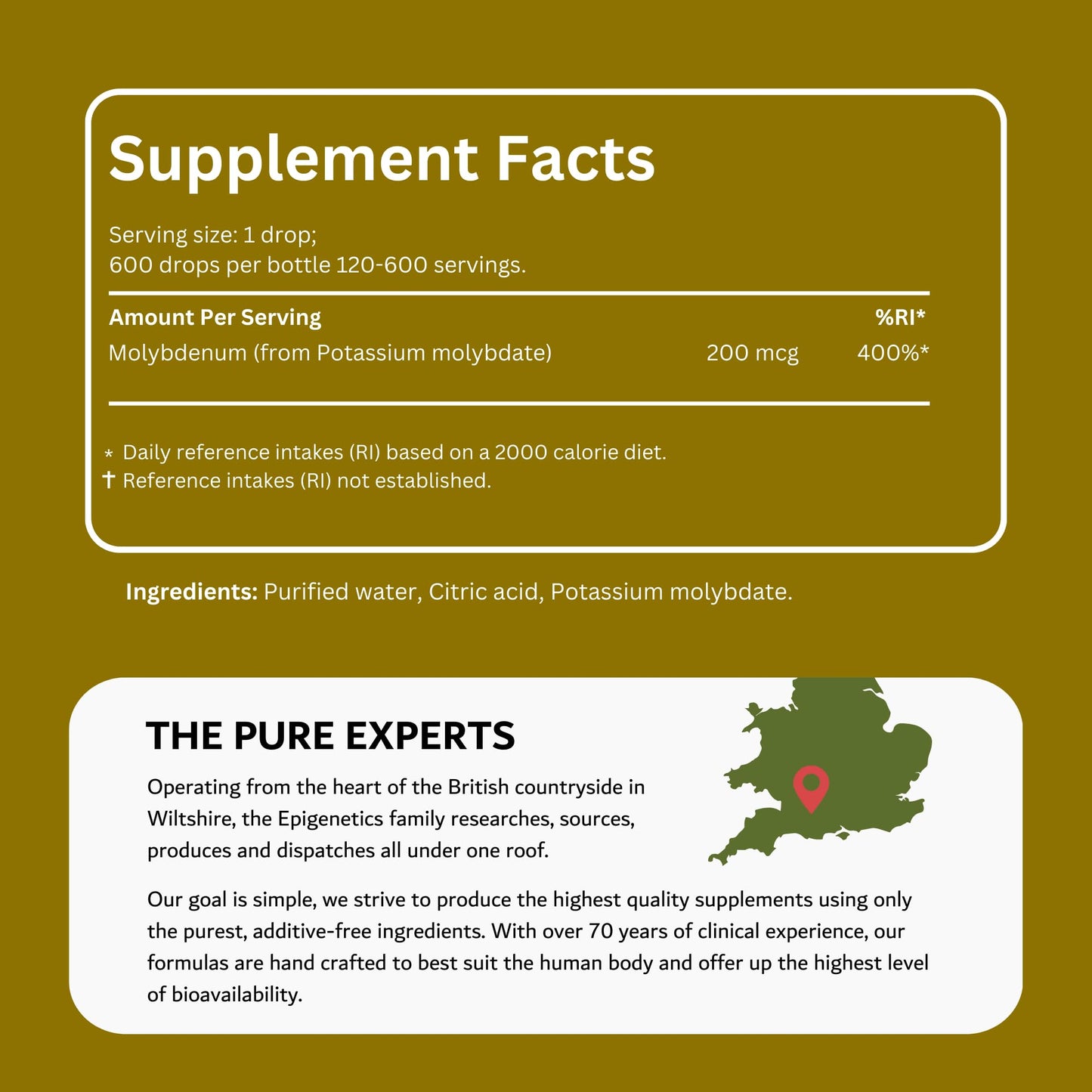 Epigenetics Molybdenum Liquid Supplement 30ml | 200mcg Per Drop | Highly Bioavailable | 6-Month Supply Without additives or flavourings | Made in The UK & Vegan Friendly
