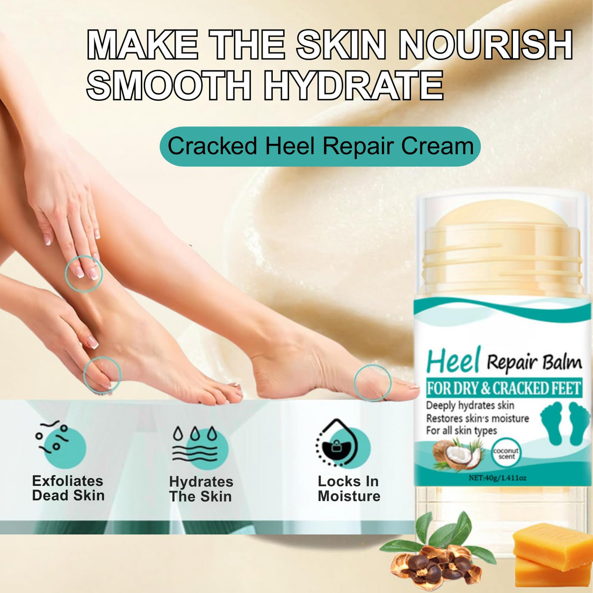 TBeautfave 3PCS Heel Repair Balm - Coconut Oil Heel Balm Stick,Cracked Heel Repair Cream,Dry Skin Remover Feet, Foot Balm for Dry & Cracked,Deeply Hydrates Skin,Restores Skin Moisture,Foot Care
