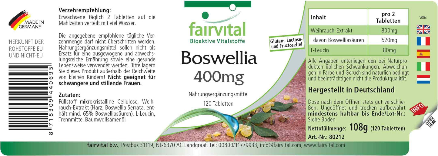 Fairvital | Boswellia Frankincense 400mg - 120 Tablets - Vegan - 65% boswellic acids