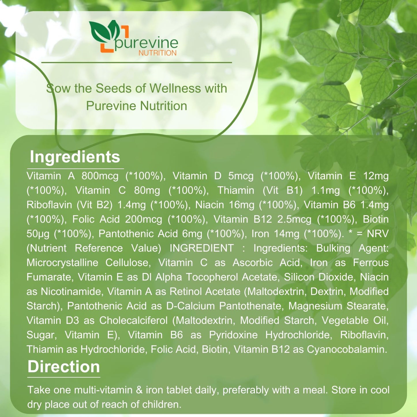 Purevine Nutrition Multi Vitamins with Iron Supplement - 180 Tablets - Daily One A Day Multivitamin with Vitamin C, B, A and D – Immune Support Suitable for Men and Women - UK Manufactured to GMP Standards