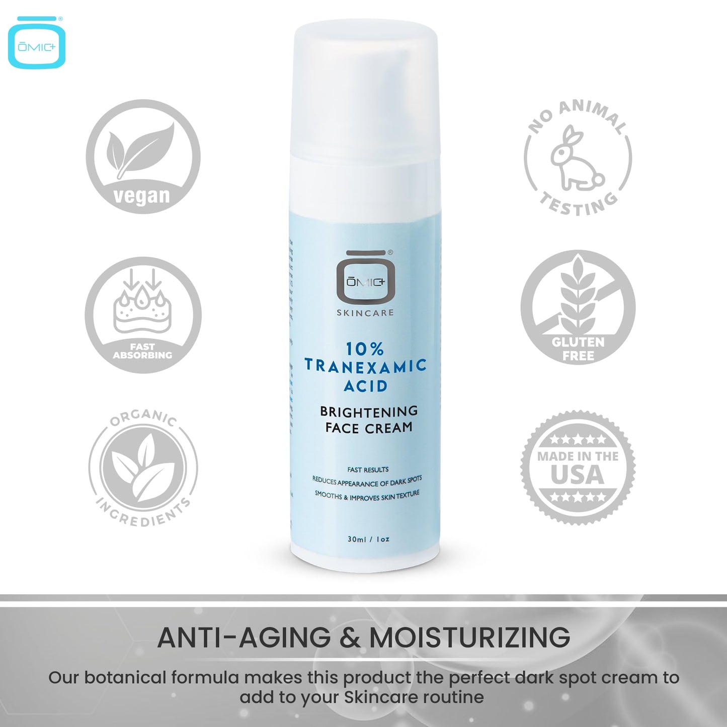 OMIC 10% Tranexamic Acid Cream – 1 fl oz / 30ml – Skin Brightening Cream - Skin Moisturizer, Even Skin Tone with Coconut Oil & Vitamin E