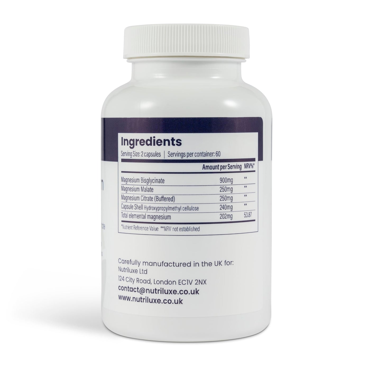 nutriluxe Nutriluxe Magnesium Glycinate Complex - 202mg Elemental Magnesium, 3 Forms - High Absorption - Chelated - Sleep, Muscle Function & Energy Support - UK Made, GMP Certified - 120 Vegan Capsules