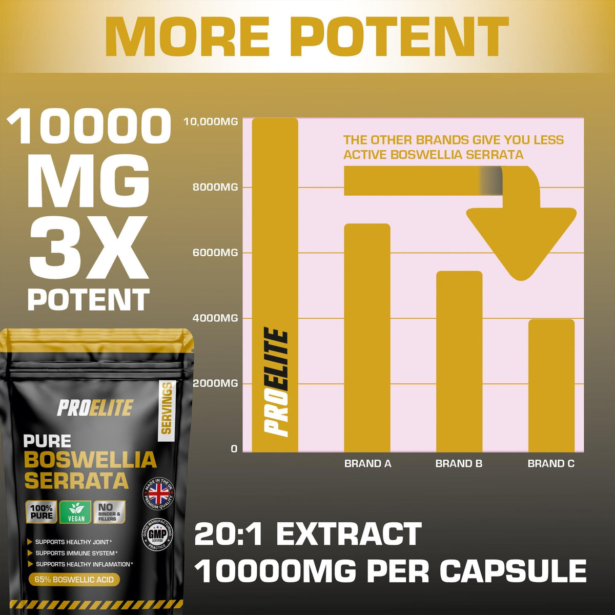 Boswellia Serrata Extract 10,000mg 180 Capsules (6 Months Supply) – 65% Boswellic Acid (500mg per Capsule) | Joint Care Supplements | Indian Frankincense Resin by PROELITE