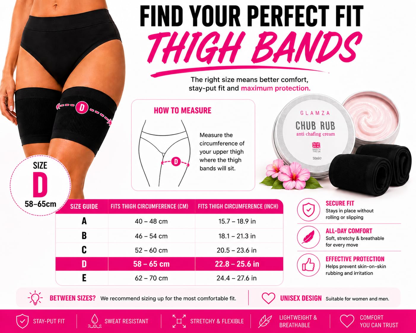 Glamza Chamois Cream GLAMZA ‘Chub Rub’ Anti Chafing Cream & Pair of Thigh Bands for Men & Women - Prevents Chaffing for Cyclists, Runners and More 50ml (Size E (62-70cm))