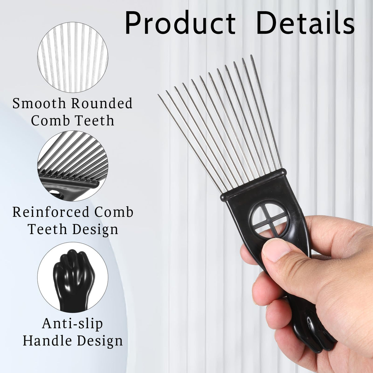 Ajcotahm 2 Pack Metal Hair Pick, Black Men Beard Pick for Afro, Wide-Tooth Comb Detangling Shower Comb Set for Wigs Braids and Styling Men's and Women's Curly Detangling Tool
