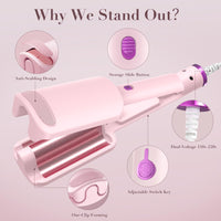 AISEELY 32MM Ceramic Curling Wand - 3 Barrel Deep Wave Hair Curler with Adjustable Temp (160°C-220°C), Anti-Scald Design & Travel Lock | Frizz-Free Waves for All Hair Types | Pink