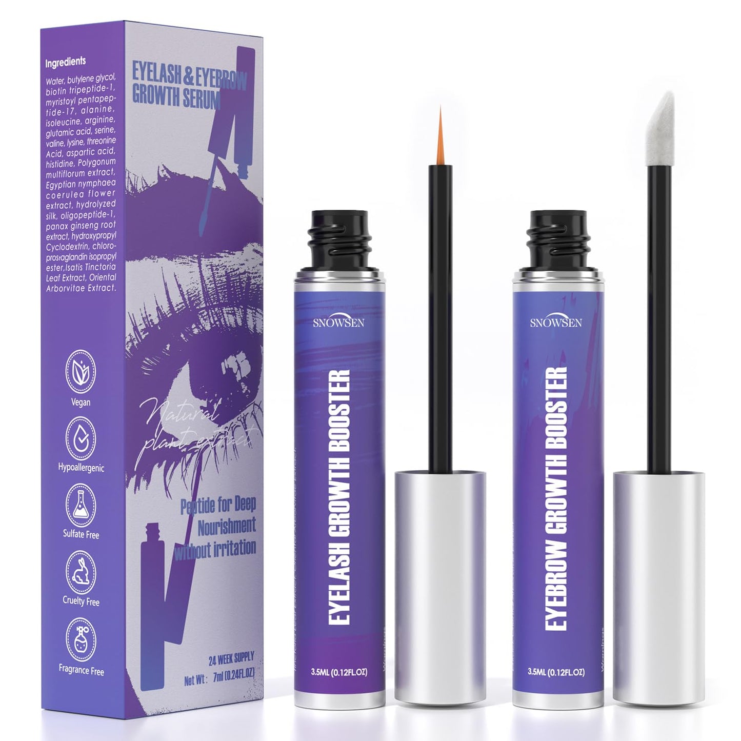 SNOWSEN Eyelash Serum, Enhancing Lash & Brow Serum, Vegan & Cruelty-Free,Natural Peptides & Biotin for Long,Thick Lashes and Eyebrows, Lash Serum with Brow Enhancer, Irritation Free Formula, 2x3.5 ml