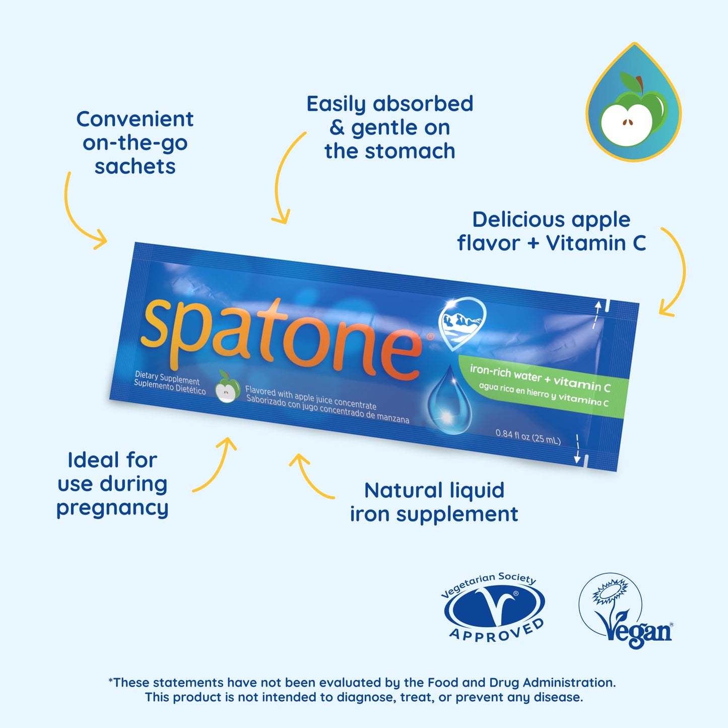Spatone Natural Iron Supplement + Vitamin C (14 Sachets), Daily Convenient Liquid Iron Sachets, Nothing Artificial, Better Absorption than Tablets, Less Side Effects, Apple Flavour