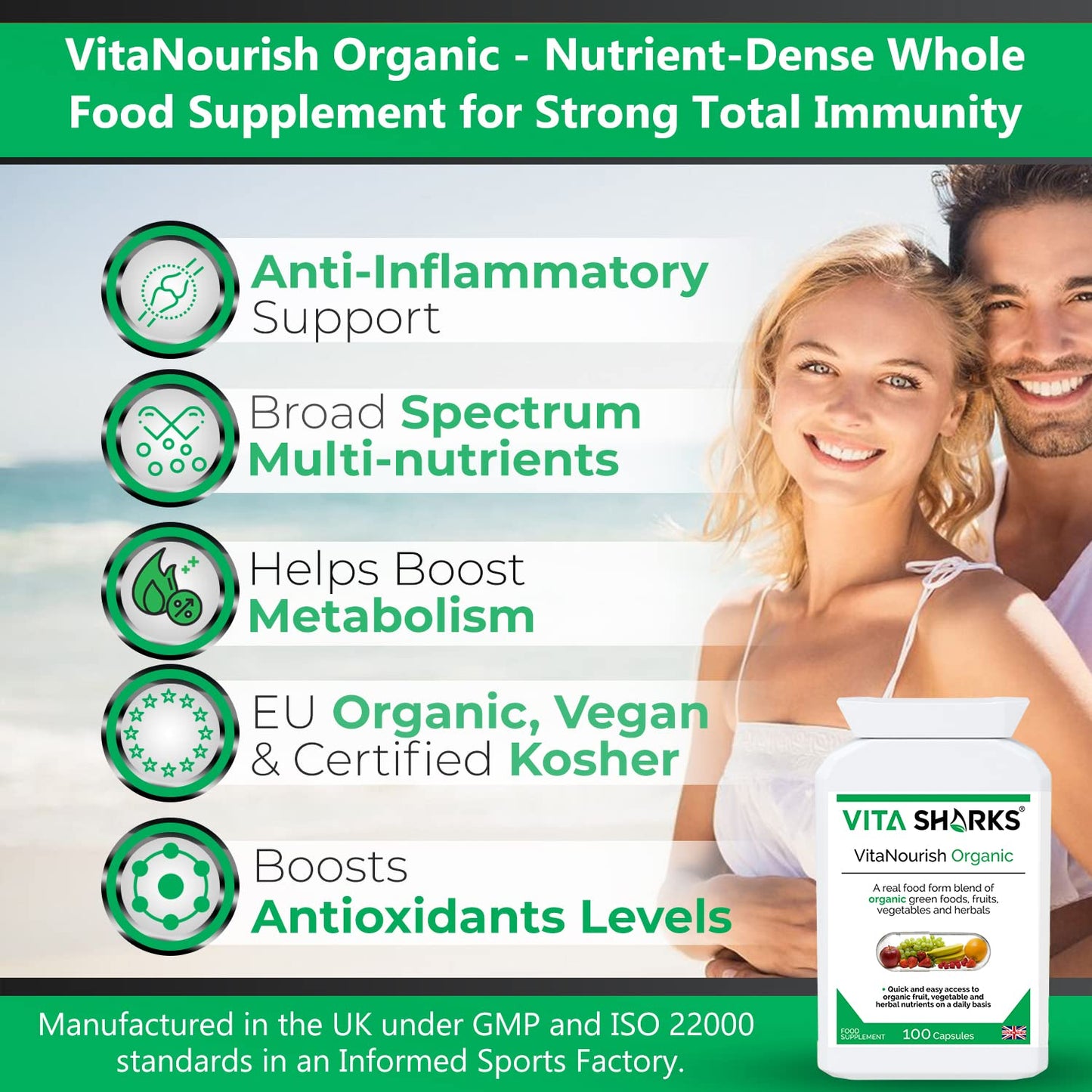 Vita Sharks VitaNourish Organic. Nutrient-Dense Potent Vegan Whole Food Supplement for Total Immunity. Essential Vitamins & Minerals from 100% Organic Kosher Fruit, Vegetable & Herbal Blend