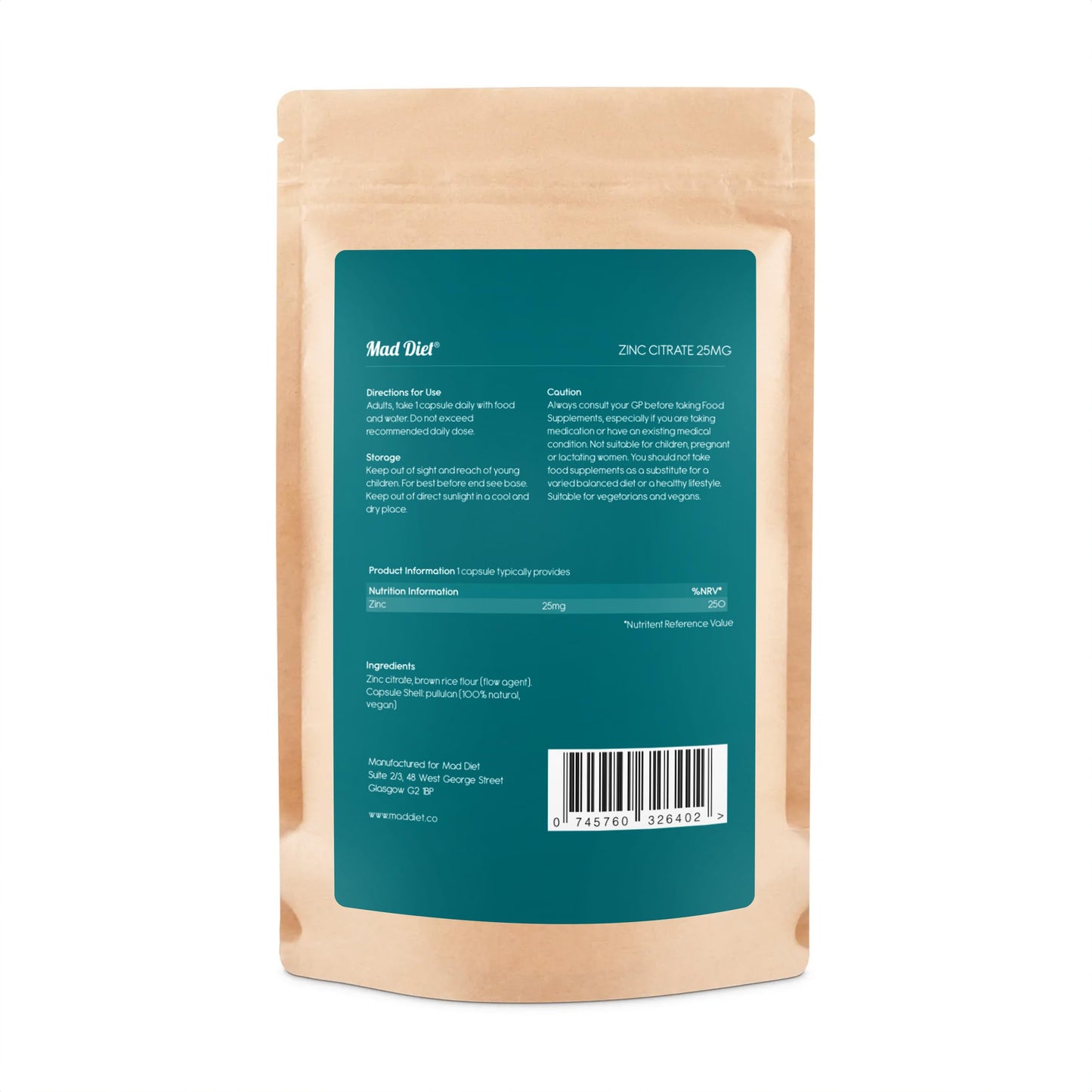 Mad Diet Zinc Citrate | Zero Additives | Practitioner Quality | 25mg Capsules | Locally Sourced | High Bioavailability |Trusted UK Brand | 60 Capsules |Immune Support |Suitable for Vegans and Vegetari