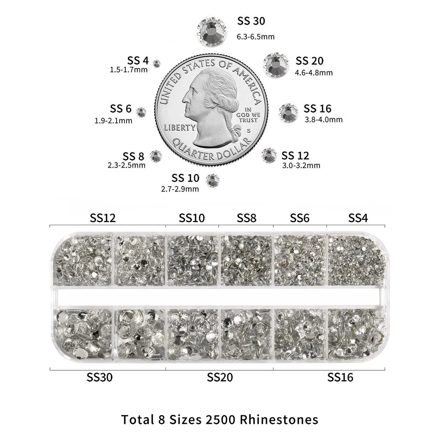 BEADSLAND Beadsland 2500pcs Clear Rhinestones,Flatback Gems Round Crystal Rhinestones for Nail Crafts Mixed 8 Sizes SS4~SS30 with Picking Tweezer and Pen (Clear)