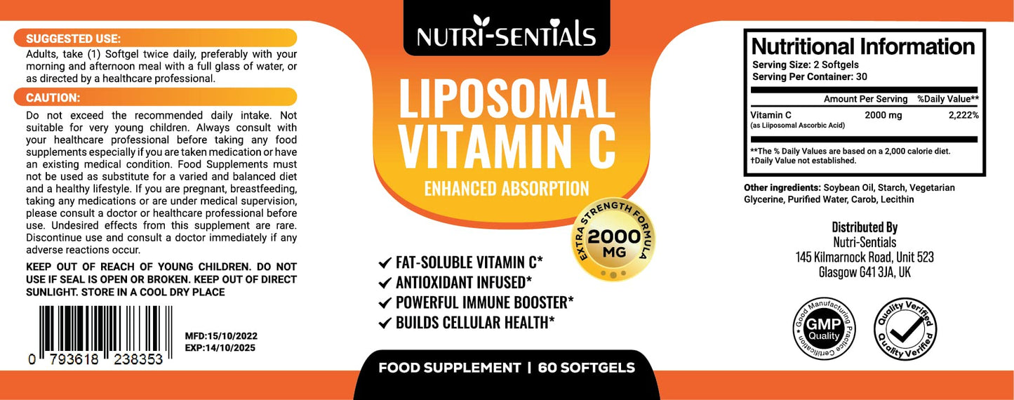 Alphaplus Liposomal Vitamin C Capsules - 2000mg Pure Extra High Strength Formulation | 60 Soft Gels | Pure Vegan Liposomal Vitamin C | Immune Booster |