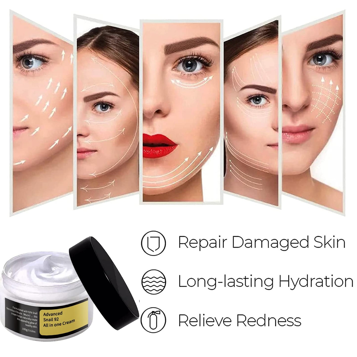 Snail Mucin Repair Cream,Advanced Snail 92 All in one Cream,Snail Cream,Snail Secretion Moisturizer,Snail Collagen Lifting & Firming Cream,Facial Repair Whitening Brightening Serum 100g