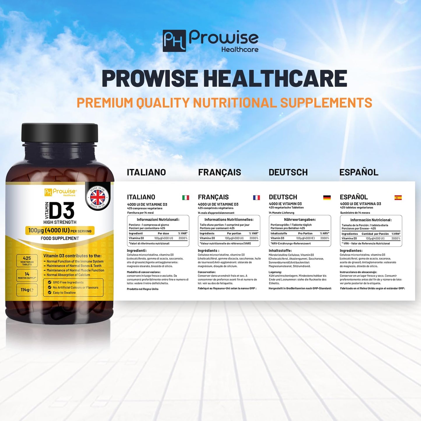 PH PROWISE Healthcare Vitamin D3 4000 IU High Strength I 425 Vegetarian Tablets (14 Months Supply) I Easy Swallow Vitamin D3 Supplement for Immune Support, Calcium Boost, Bone & Muscle I Vitamin D Made in the UK by Prowise