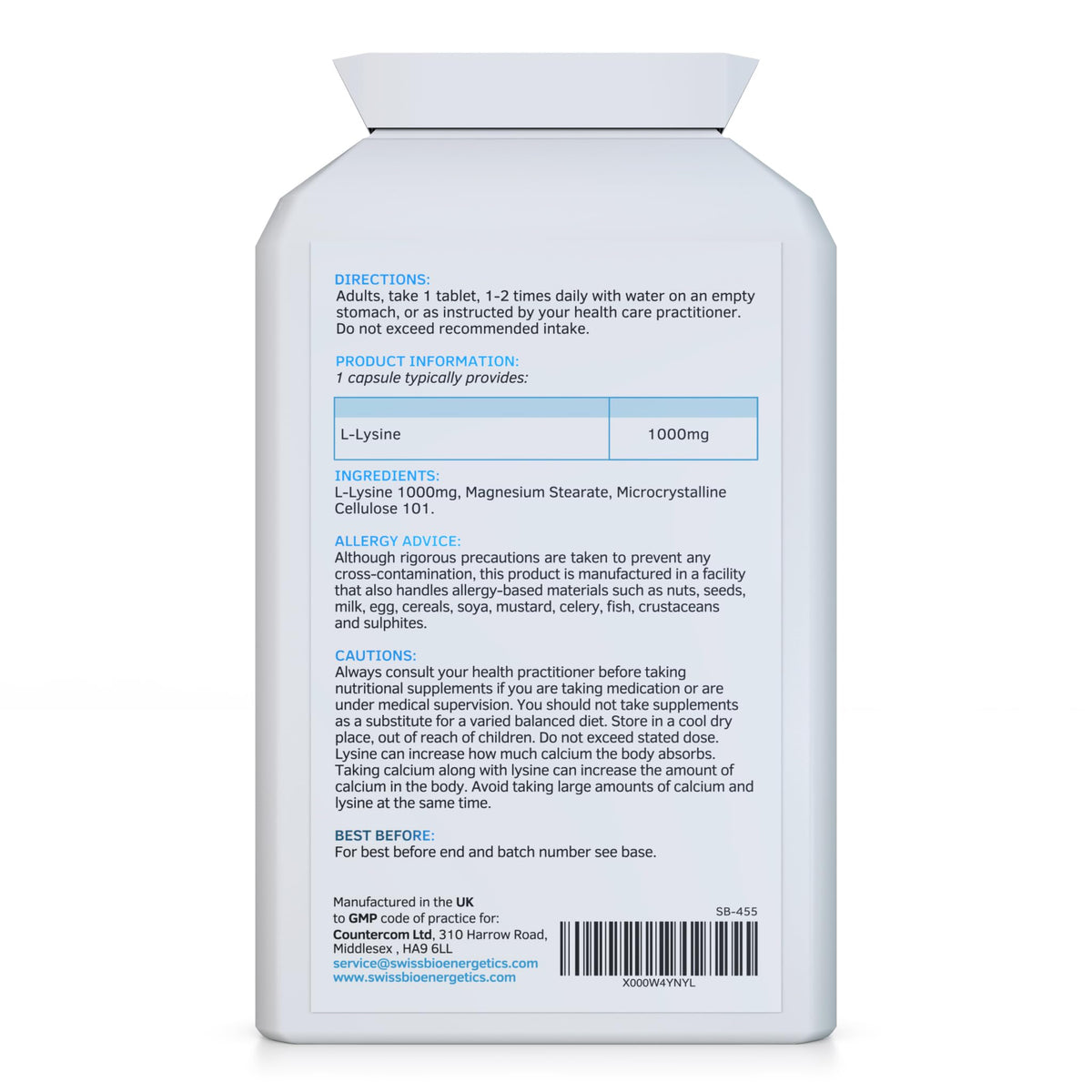 swiss bioenergetics L-Lysine Tablets 1,000mg 90 Tablets - High Strength Essential Amino Acid Promoting Absorption of Calcium and Healthy Hormonal Stress Responses